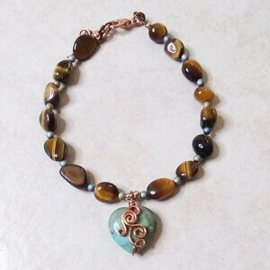 Unique Tigereye & Wire Wrapped African Turquoise Heart Bracelet - Gift for Her!